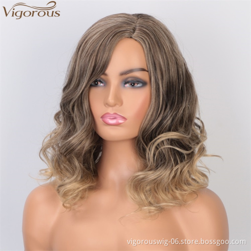 Vigorous 14 Inches Short Wavy Synthetic Side Part Wig Heat Resistant Fiber Cosplay Wig For Women Gray Mixed Blonde Color